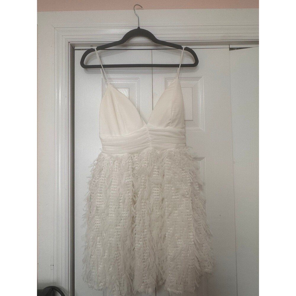Lulu’s Ivory Feather Skater Dress - Spaghetti Strap V-Neck